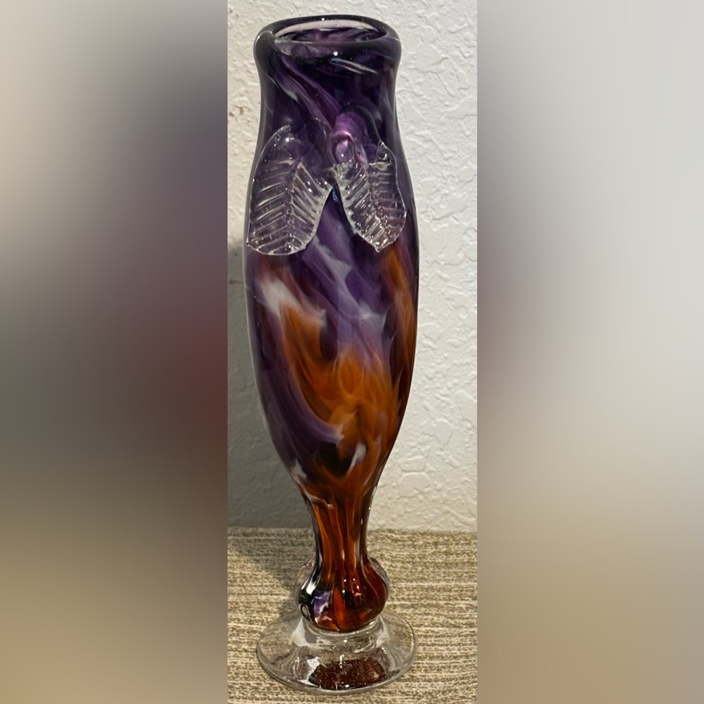 vtg handblown vase 3d leaves coming from front of vase vibrant purple and amber